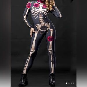 Skeleton Print Jumpsuit with Red Roses